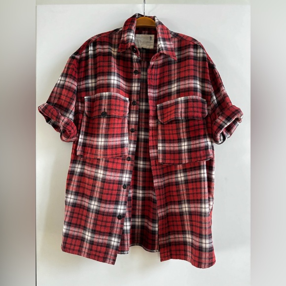 R13 JAPANESE FLANNEL DROP SHOULDER SHORT SLEEVE PLAID SHIRT TOP FLANNEL UNISEX - Picture 2 of 12